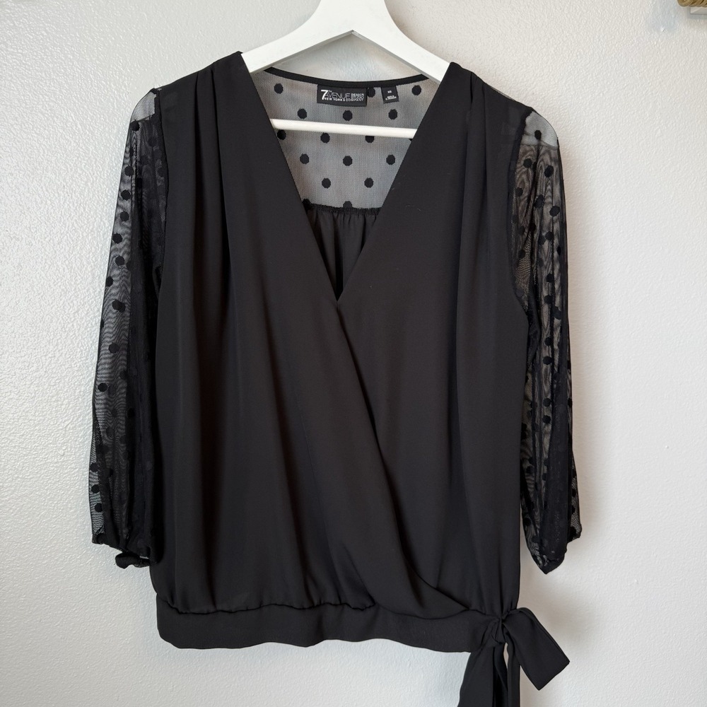 New York & Company 7th Ave Women XS Mesh Polla Dot 3/4‎ Sleeve Black Blouse Top